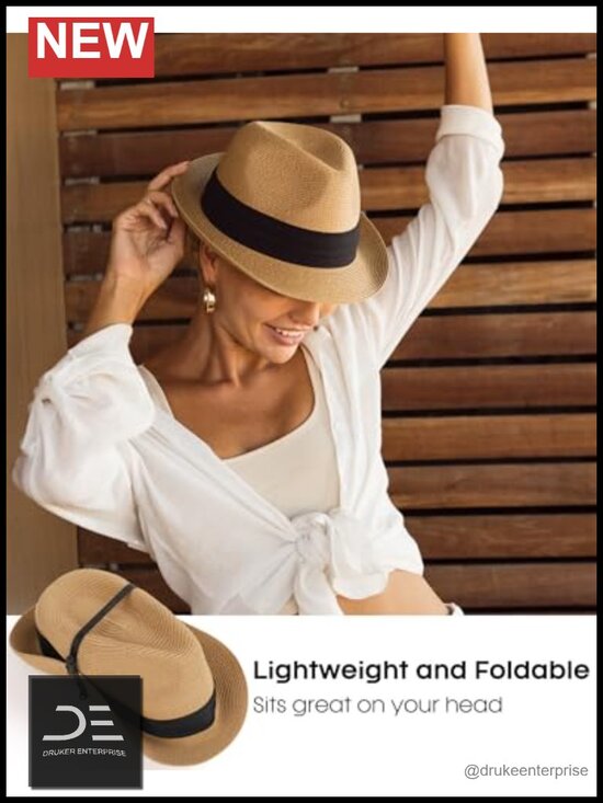 Foldable Straw Fedora Sun Hat Unisex Packable Beach Panama Trilby UPF 50+